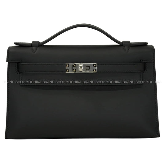 HERMES Handbag Pochette Kelly Noir (Black) Veau Swift Silver HW Stamp G[BRAND NEW][Authentic]