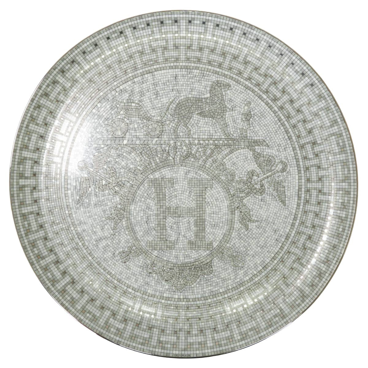 HERMES Plate Tart Platter Mosaique 24 32 cmPlatinum Porcelain P035022P[EXCELLENT][Authentic]