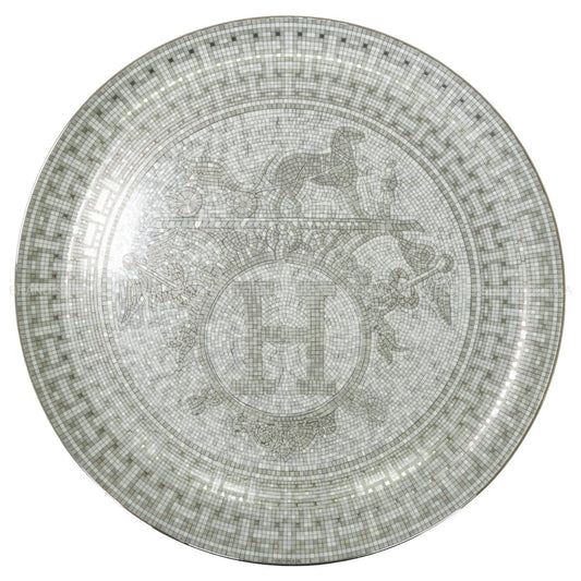 HERMES Plate Tart Platter Mosaique 24 32 cmPlatinum Porcelain P035022P[EXCELLENT][Authentic]