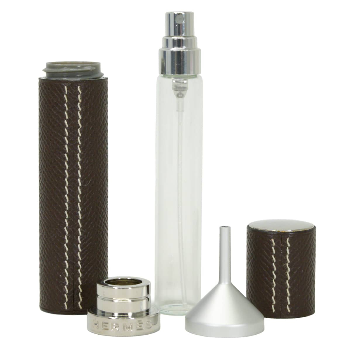 [Pre-loved] HERMES Refillable atomizer Chocolat Veau Epsom Silver HW[LIKE NEW][Authentic]