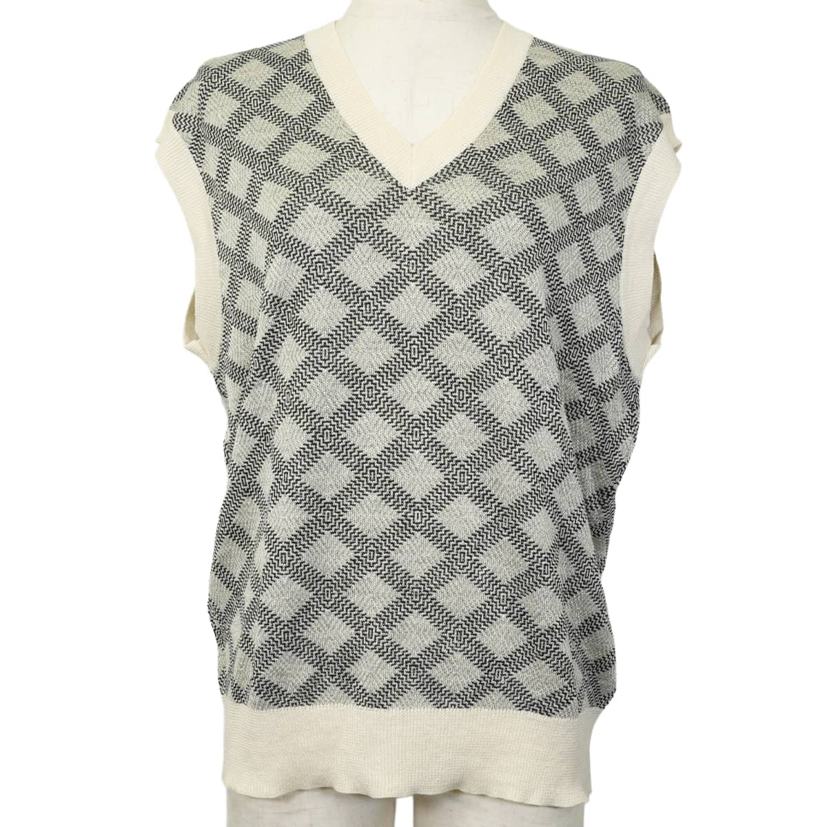 [Pre-loved] LOUIS VUITTON Vests V-neck knit Damier geometric Ivory/Noir (Black)/Grey Linen/Wool/Reyon #M[LIKE NEW][Authentic]