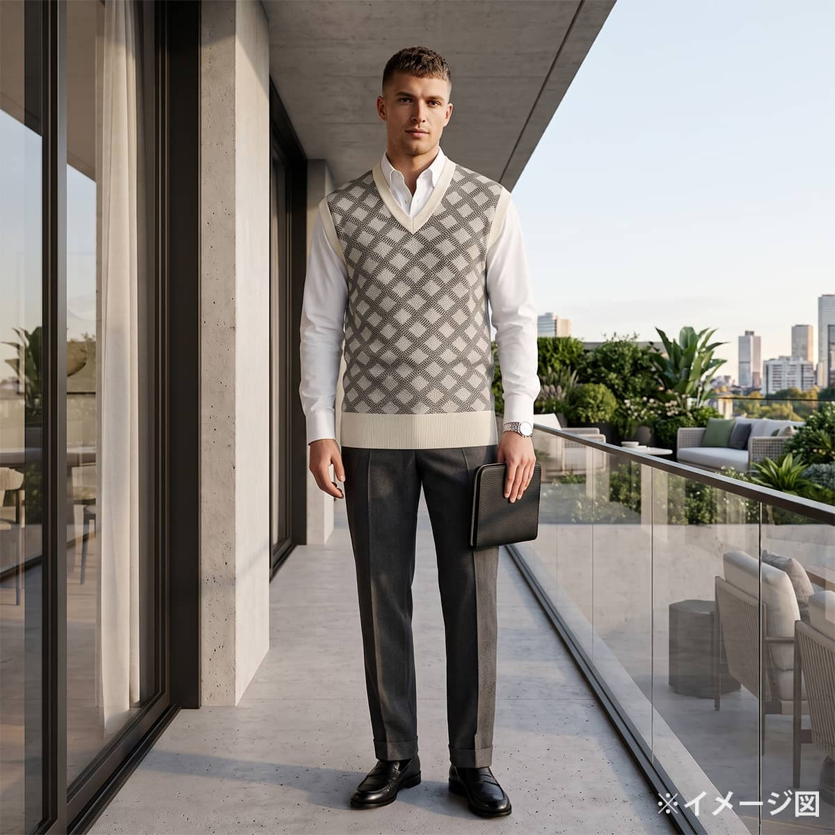 [Pre-loved] LOUIS VUITTON Vests V-neck knit Damier geometric Ivory/Noir (Black)/Grey Linen/Wool/Reyon #M[LIKE NEW][Authentic]
