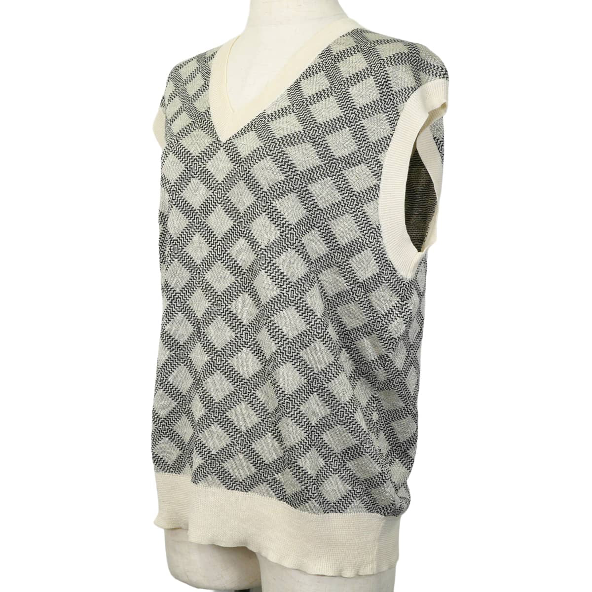 [Pre-loved] LOUIS VUITTON Vests V-neck knit Damier geometric Ivory/Noir (Black)/Grey Linen/Wool/Reyon #M[LIKE NEW][Authentic]