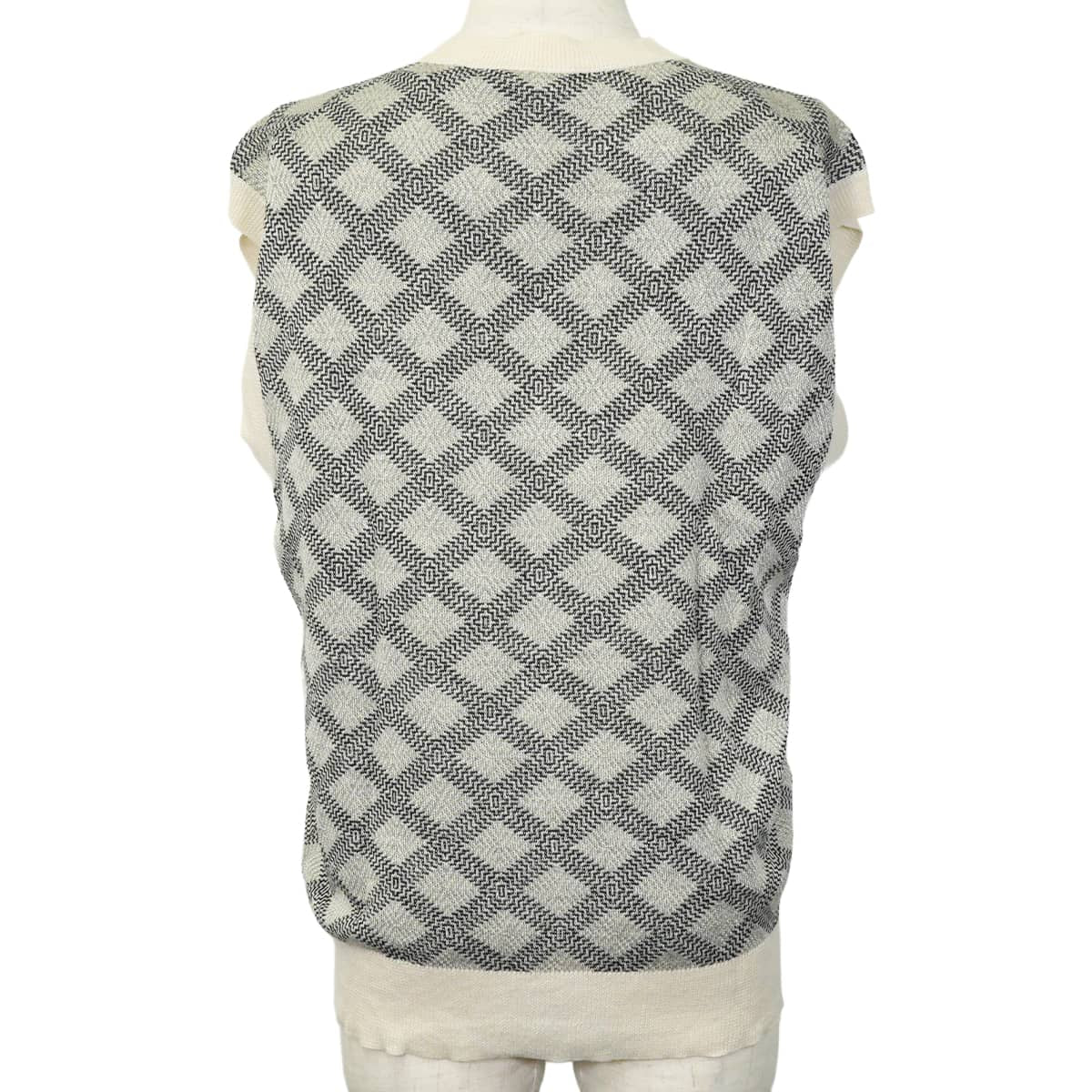 [Pre-loved] LOUIS VUITTON Vests V-neck knit Damier geometric Ivory/Noir (Black)/Grey Linen/Wool/Reyon #M[LIKE NEW][Authentic]