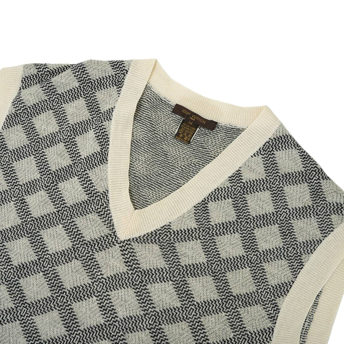 [Pre-loved] LOUIS VUITTON Vests V-neck knit Damier geometric Ivory/Noir (Black)/Grey Linen/Wool/Reyon #M[LIKE NEW][Authentic]