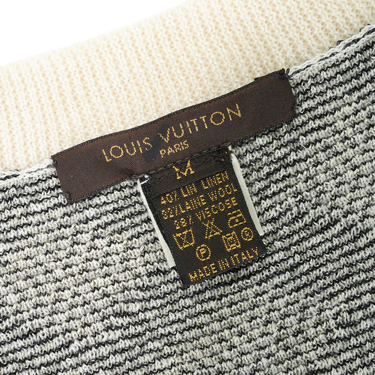 [Pre-loved] LOUIS VUITTON Vests V-neck knit Damier geometric Ivory/Noir (Black)/Grey Linen/Wool/Reyon #M[LIKE NEW][Authentic]