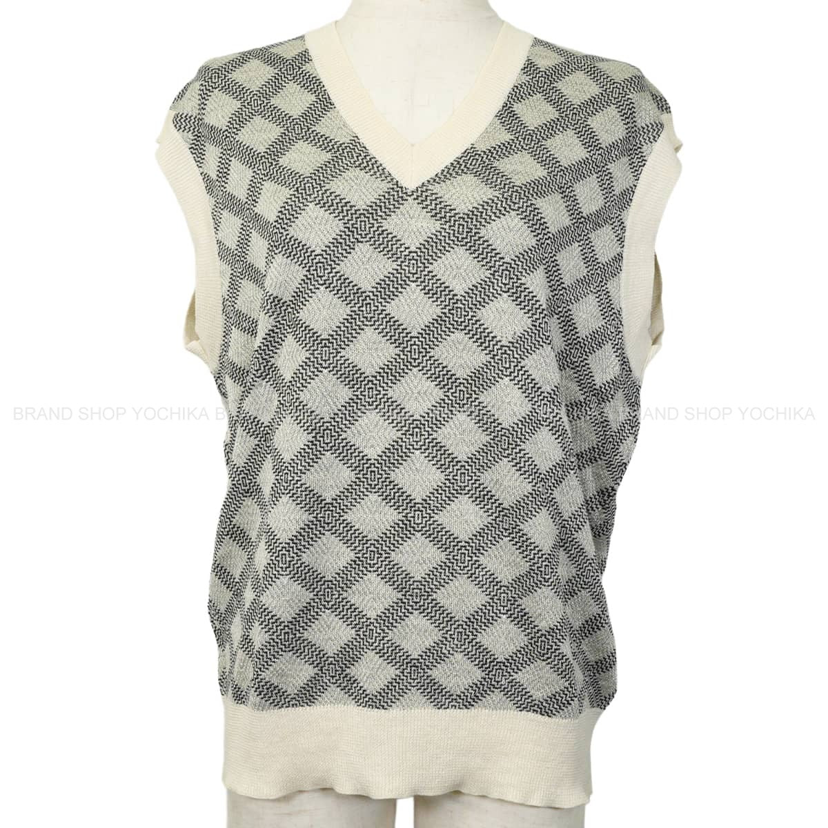 [Pre-loved] LOUIS VUITTON Vests V-neck knit Damier geometric Ivory/Noir (Black)/Grey Linen/Wool/Reyon #M[LIKE NEW][Authentic]