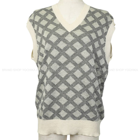 [Pre-loved] LOUIS VUITTON Vests V-neck knit Damier geometric Ivory/Noir (Black)/Grey Linen/Wool/Reyon #M[LIKE NEW][Authentic]