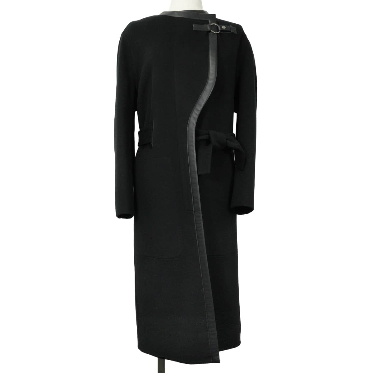 2019AW HERMES Stainless collar coat Sellier Button Leather Piping Belt Long Gown Wrap Coat Noir (Black) Cashmere100%/Lambskin/Calfskin #34 Silver HW[EXCELLENT][Authentic]