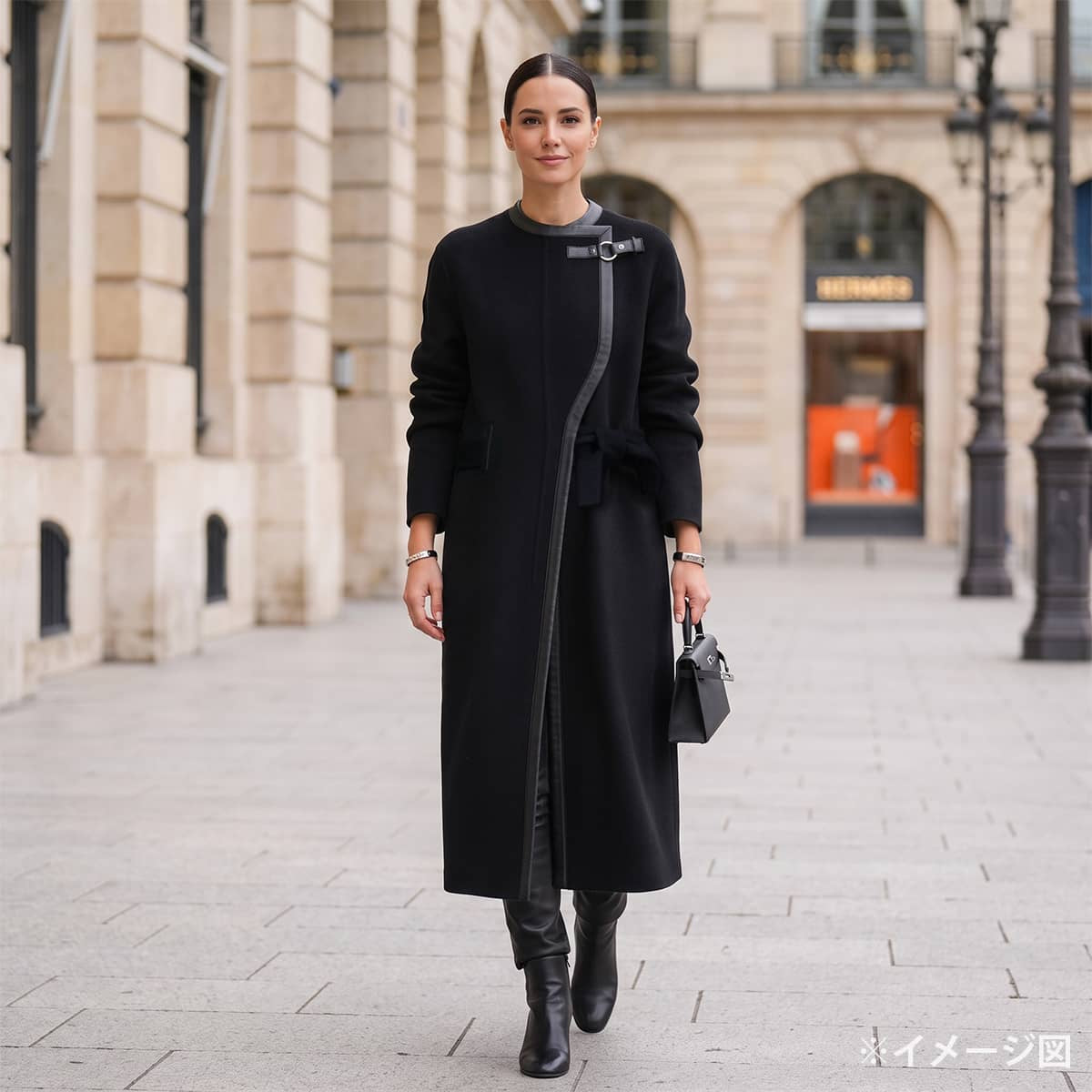 2019AW HERMES Stainless collar coat Sellier Button Leather Piping Belt Long Gown Wrap Coat Noir (Black) Cashmere100%/Lambskin/Calfskin #34 Silver HW[EXCELLENT][Authentic]
