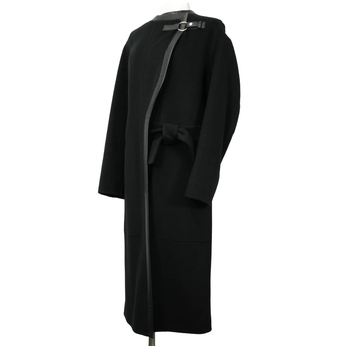 2019AW HERMES Stainless collar coat Sellier Button Leather Piping Belt Long Gown Wrap Coat Noir (Black) Cashmere100%/Lambskin/Calfskin #34 Silver HW[EXCELLENT][Authentic]