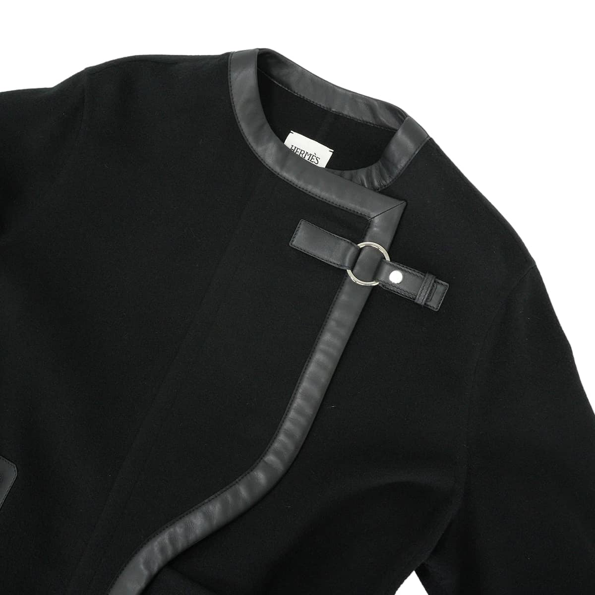 2019AW HERMES Stainless collar coat Sellier Button Leather Piping Belt Long Gown Wrap Coat Noir (Black) Cashmere100%/Lambskin/Calfskin #34 Silver HW[EXCELLENT][Authentic]