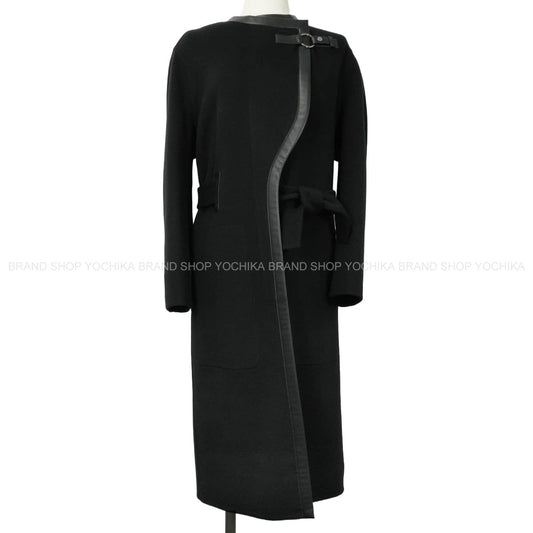 2019AW HERMES Stainless collar coat Sellier Button Leather Piping Belt Long Gown Wrap Coat Noir (Black) Cashmere100%/Lambskin/Calfskin #34 Silver HW[EXCELLENT][Authentic]