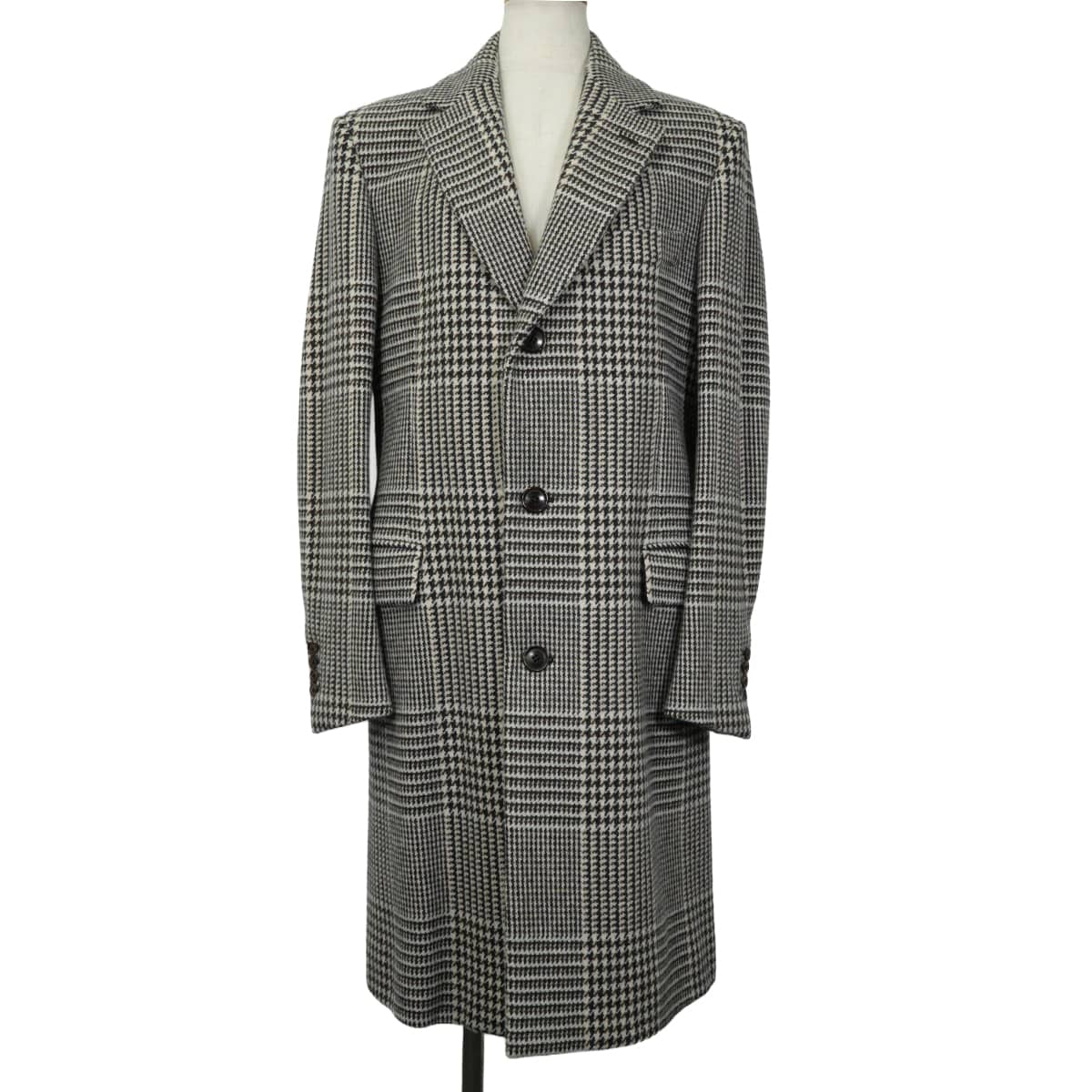 [Pre-loved] 2019AW HERMES Stainless collar coat Men's Glen Check Chesterfield Coat Long Ivory/Brown Wool #46 PT9202[LIKE NEW][Authentic]