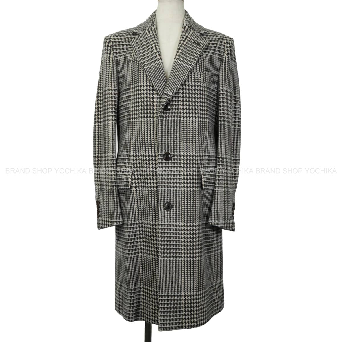 [Pre-loved] 2019AW HERMES Stainless collar coat Men's Glen Check Chesterfield Coat Long Ivory/Brown Wool #46 PT9202[LIKE NEW][Authentic]