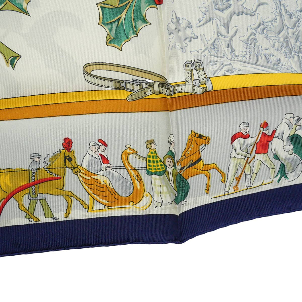 [Pre-loved] 1989 HERMES scarf Carre 90 Neige d'Antan Marine/Blanc (White)/Jaune Silk100%[LIKE NEW][Authentic]