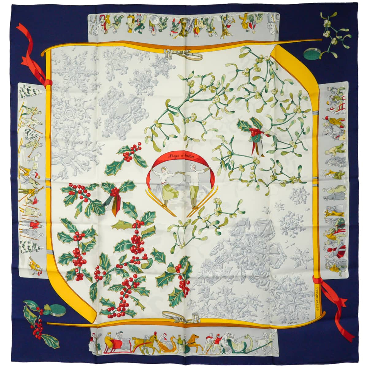 [Pre-loved] 1989 HERMES scarf Carre 90 Neige d'Antan Marine/Blanc (White)/Jaune Silk100%[LIKE NEW][Authentic]