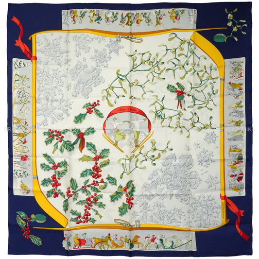 [Pre-loved] 1989 HERMES scarf Carre 90 Neige d'Antan Marine/Blanc (White)/Jaune Silk100%[LIKE NEW][Authentic]