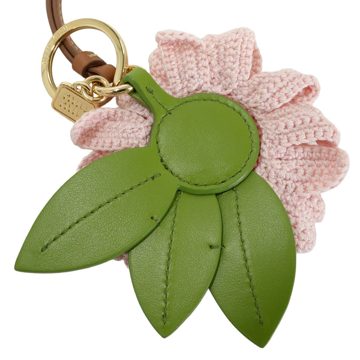 Miu Miu keyring(key holder) Flower Logo Trick Pink/Green/Noir (Black) Calf leather/Fabric Gold HW 5TT305_2CVF_F0028[EXCELLENT][Authentic]