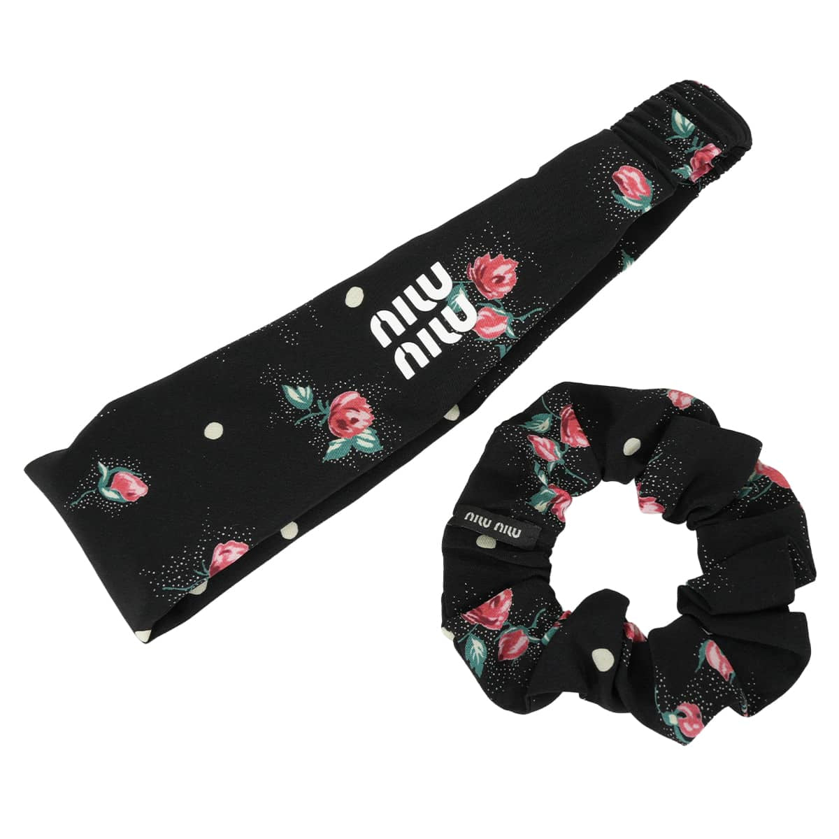 Miu Miu Hairband & Scrunchie Set Flower Logo Noir (Black) Silk100% 5IF205_2CPP_F0002[EXCELLENT][Authentic]