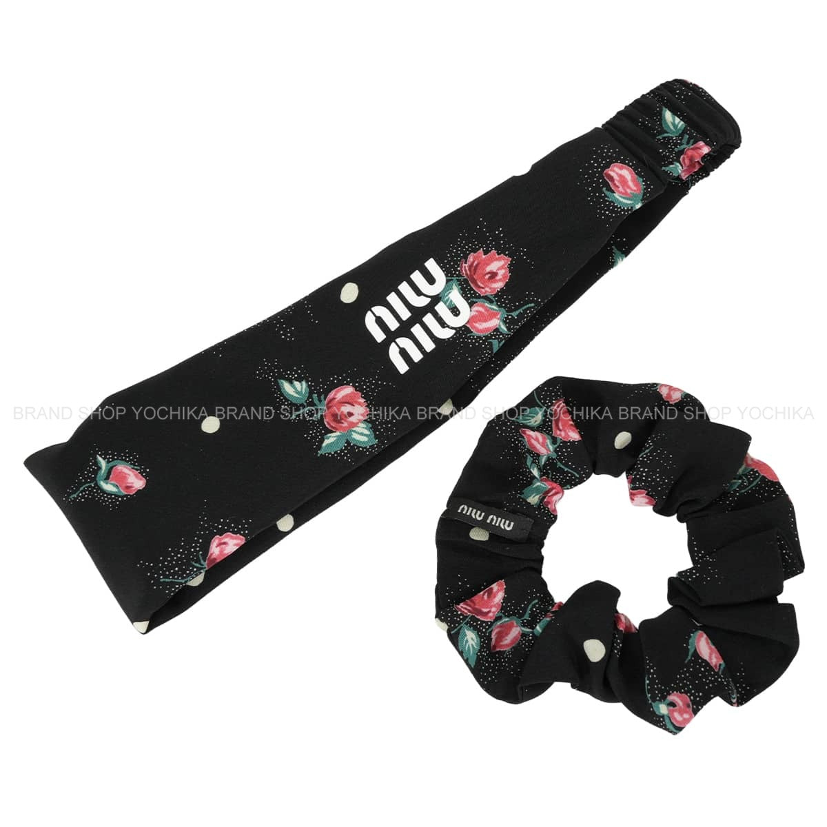 Miu Miu Hairband & Scrunchie Set Flower Logo Noir (Black) Silk100% 5IF205_2CPP_F0002[EXCELLENT][Authentic]