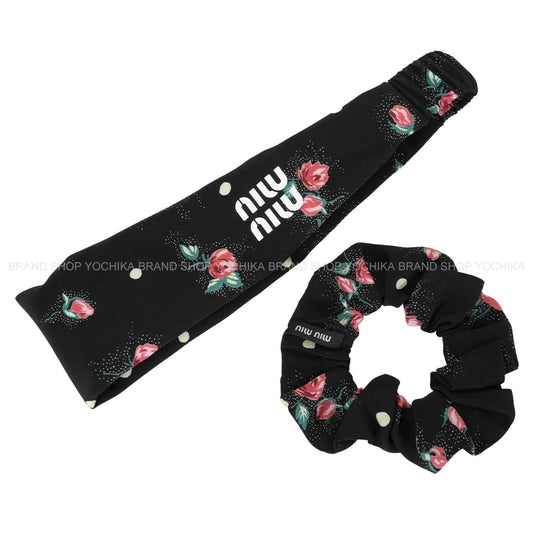 Miu Miu Hairband & Scrunchie Set Flower Logo Noir (Black) Silk100% 5IF205_2CPP_F0002[EXCELLENT][Authentic]