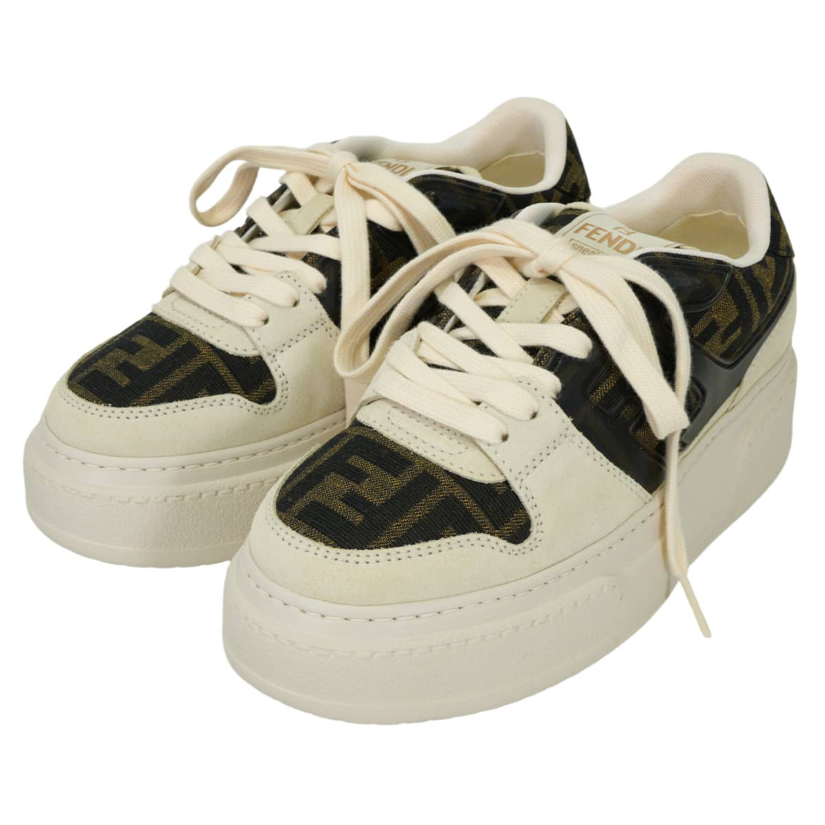 FENDI sneakers Match Lace-Up Zucca Pattern Brown/Blanc (White) Polyamide/Cotton/Resin/Calf Leather ＃37 8E8572AQ6IF1PYW[EXCELLENT][Authentic]