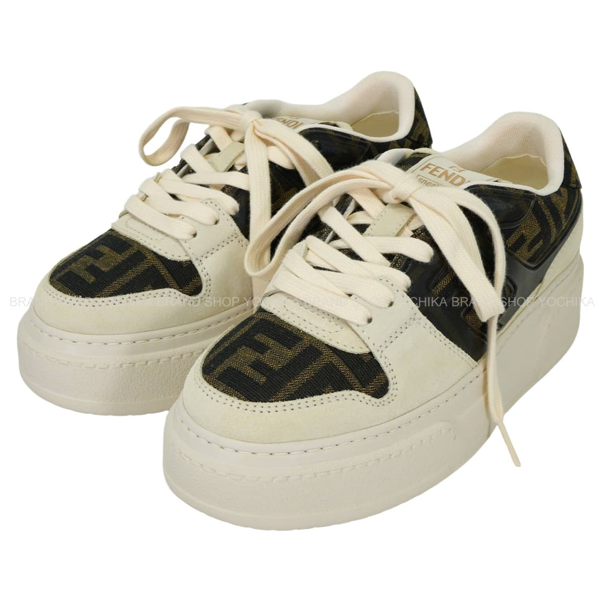 FENDI sneakers Match Lace-Up Zucca Pattern Brown/Blanc (White) Polyamide/Cotton/Resin/Calf Leather ＃37 8E8572AQ6IF1PYW[EXCELLENT][Authentic]