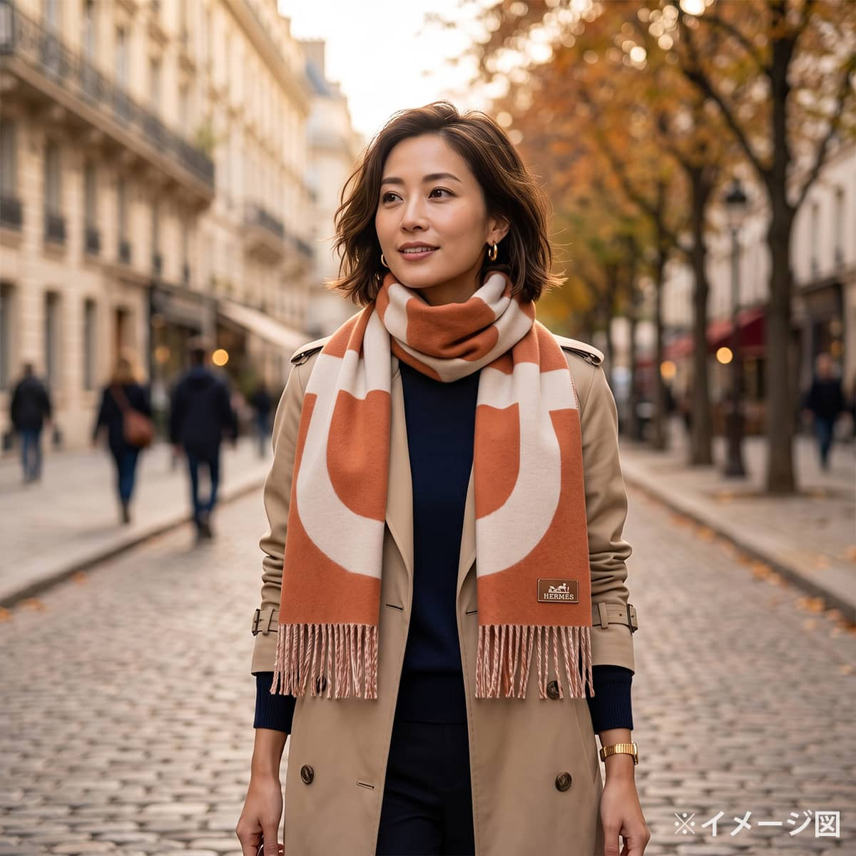 [Pre-loved] 2023AW HERMES muffler Grand Mall Orange/Ivory Cashmere[USED A][Authentic]