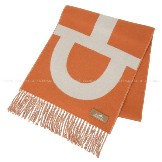 [Pre-loved] 2023AW HERMES muffler Grand Mall Orange/Ivory Cashmere[USED A][Authentic]