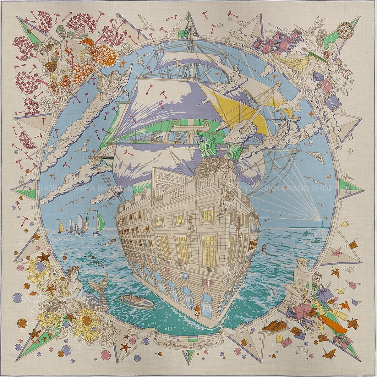 2024SS HERMES scarf Carre 140 Hermes Flagship Naturel/Bleu Glacier/Green Cashmere/Silk100%[EXCELLENT][Authentic]