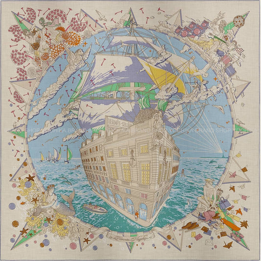 2024SS HERMES scarf Carre 140 Hermes Flagship Naturel/Bleu Glacier/Green Cashmere/Silk100%[EXCELLENT][Authentic]