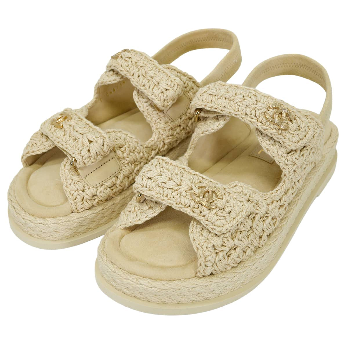 2025SS CHANEL sandals platform upper strap COCO Mark Naturel Raffia #36.5 Champagne Gold HW G46339[EXCELLENT][Authentic]