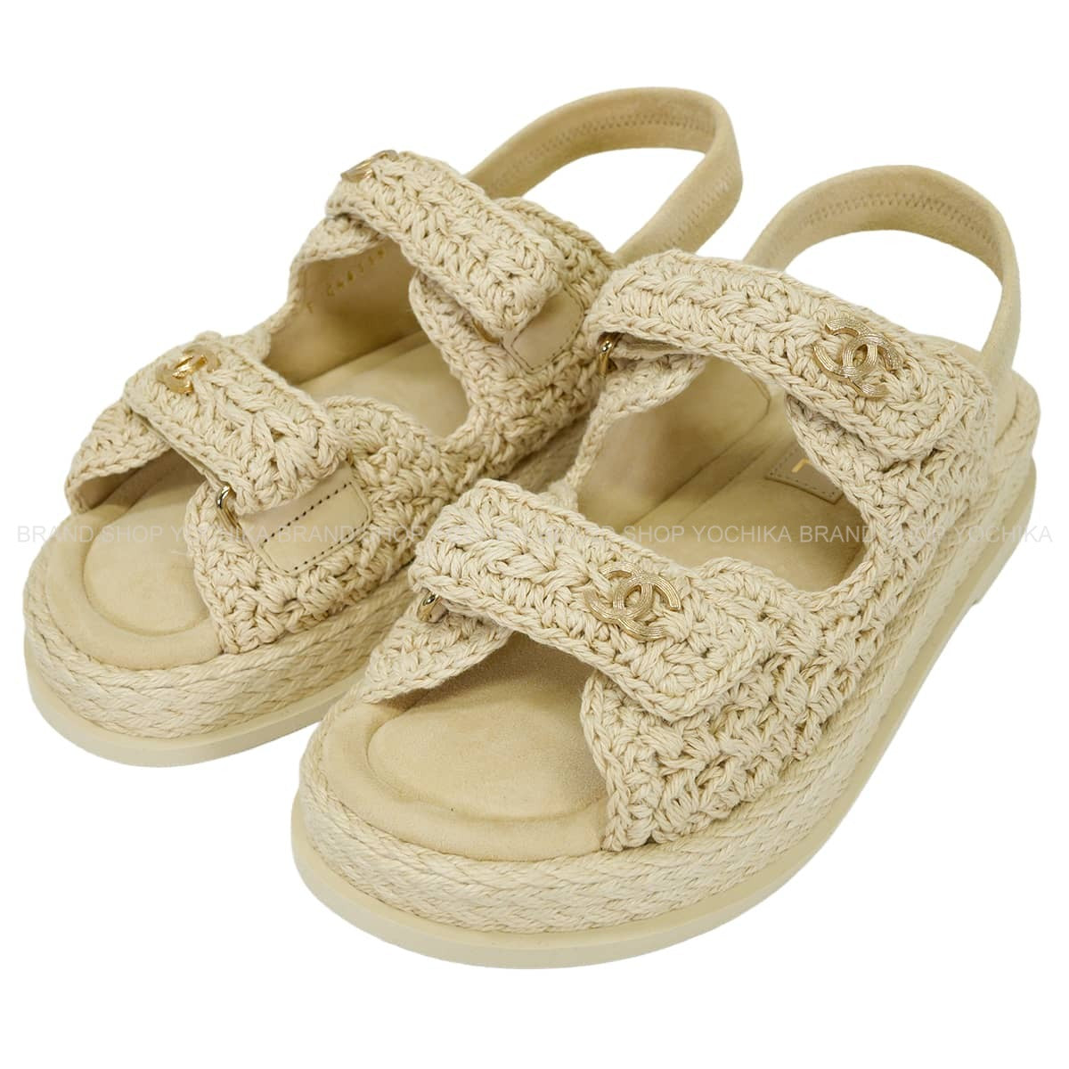 2025SS CHANEL sandals platform upper strap COCO Mark Naturel Raffia #36.5 Champagne Gold HW G46339[EXCELLENT][Authentic]