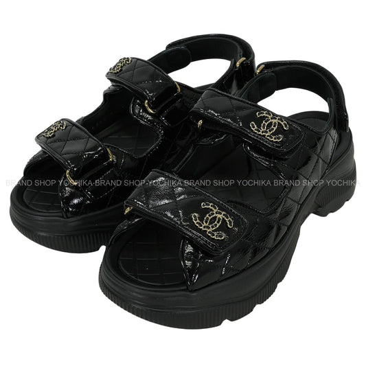 2025-26AW CHANEL sandals Sport matelasse design COCO Mark chain platform sole Noir (Black) Shiny calfskin #36C Champagne Gold HW G46293[BRAND NEW][Authentic]