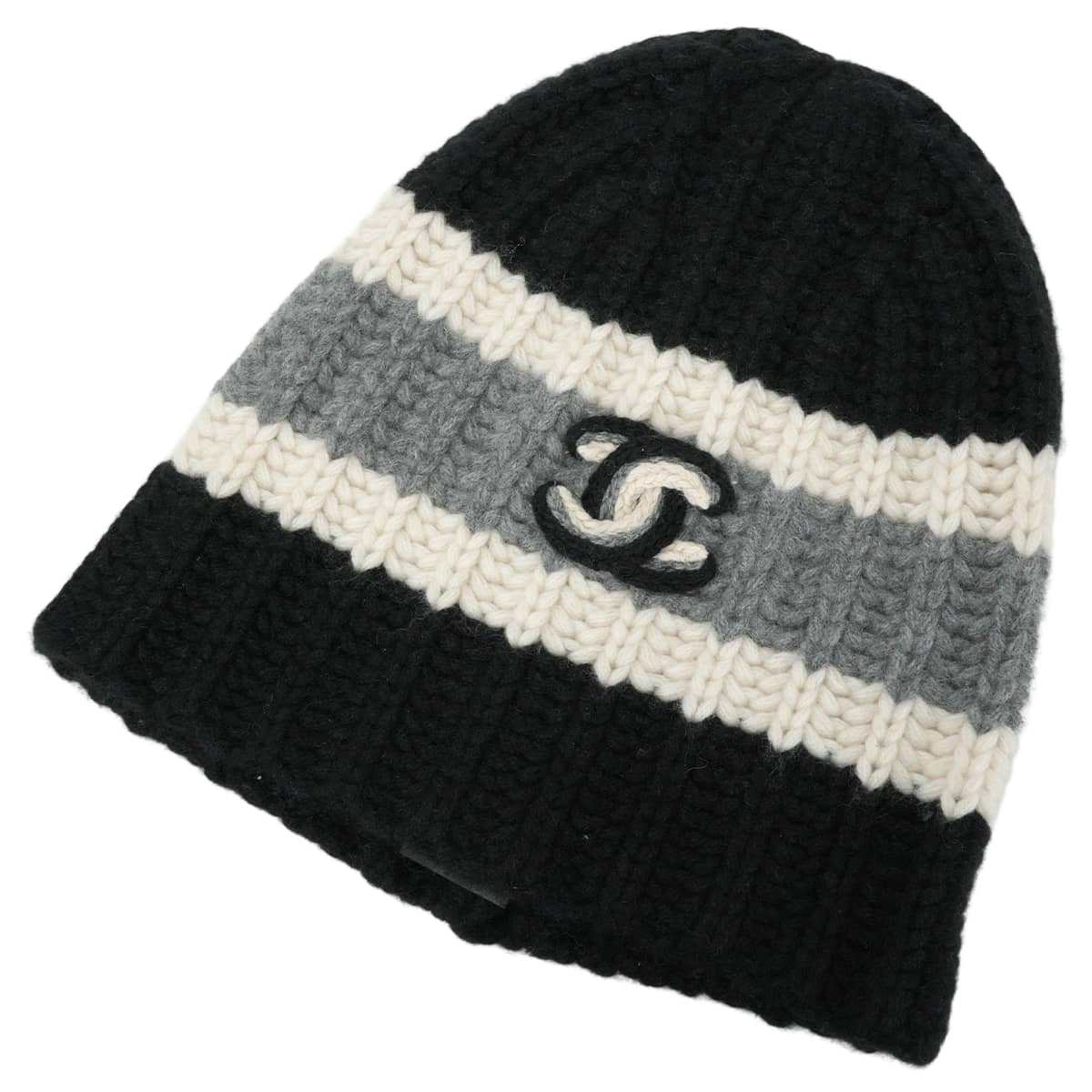 2026AW NEW CHANEL Knit cap Knit hat with COCO Mark Noir (Black)/Blanc (White)/Grey Cashmere AAC402[BRAND NEW][Authentic]