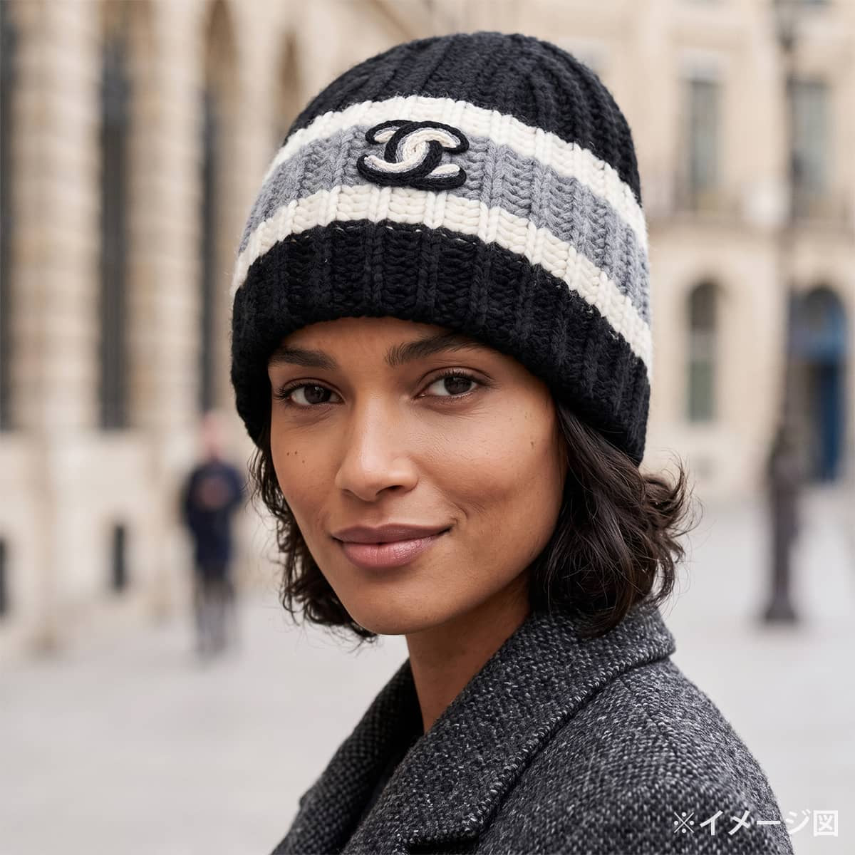 2026AW NEW CHANEL Knit cap Knit hat with COCO Mark Noir (Black)/Blanc (White)/Grey Cashmere AAC402[BRAND NEW][Authentic]