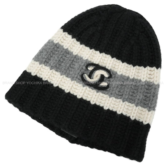 2026AW NEW CHANEL Knit cap Knit hat with COCO Mark Noir (Black)/Blanc (White)/Grey Cashmere AAC402[BRAND NEW][Authentic]