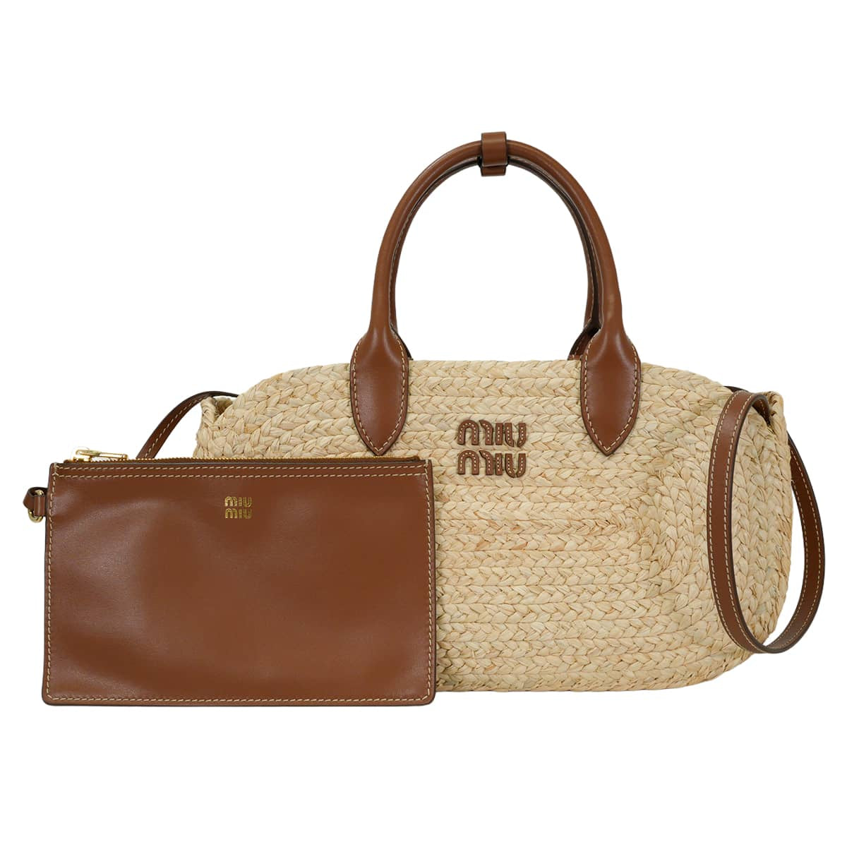 Miu Miu Handbag Raffia Beige/Cognac/Brown Gold HW 5BA312_21HX_F0A5T_V_COO[EXCELLENT][Authentic]