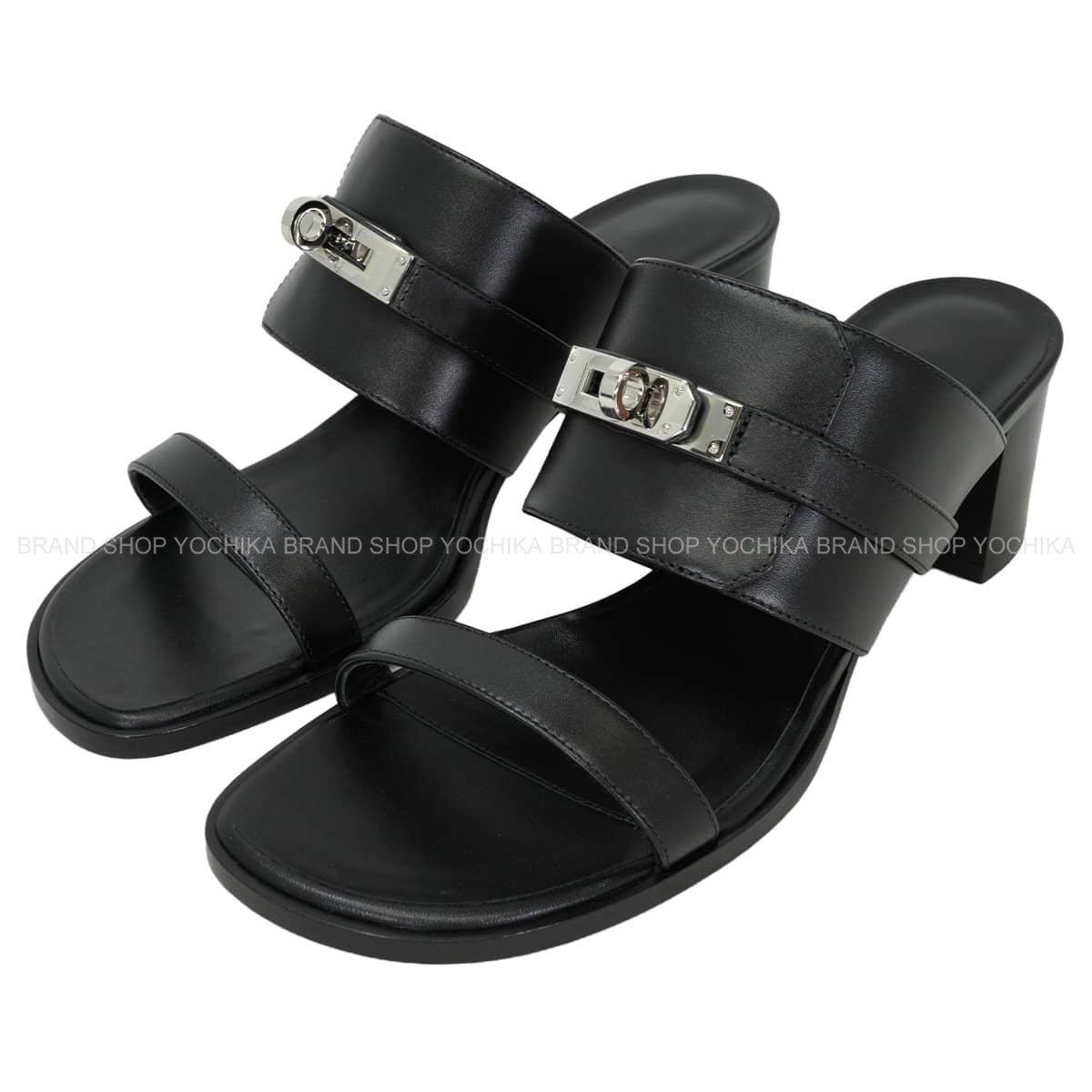 HERMES sandals Ninon 50 Kelly Buckle Noir (Black) calf #37 Silver HW[EXCELLENT][Authentic]