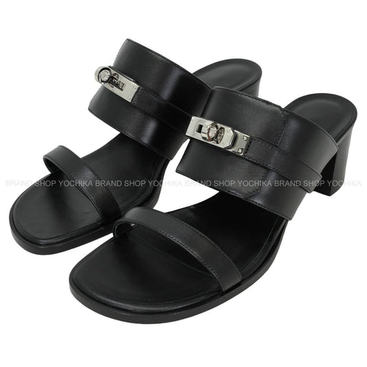 HERMES sandals Ninon 50 Kelly Buckle Noir (Black) calf #37 Silver HW[EXCELLENT][Authentic]