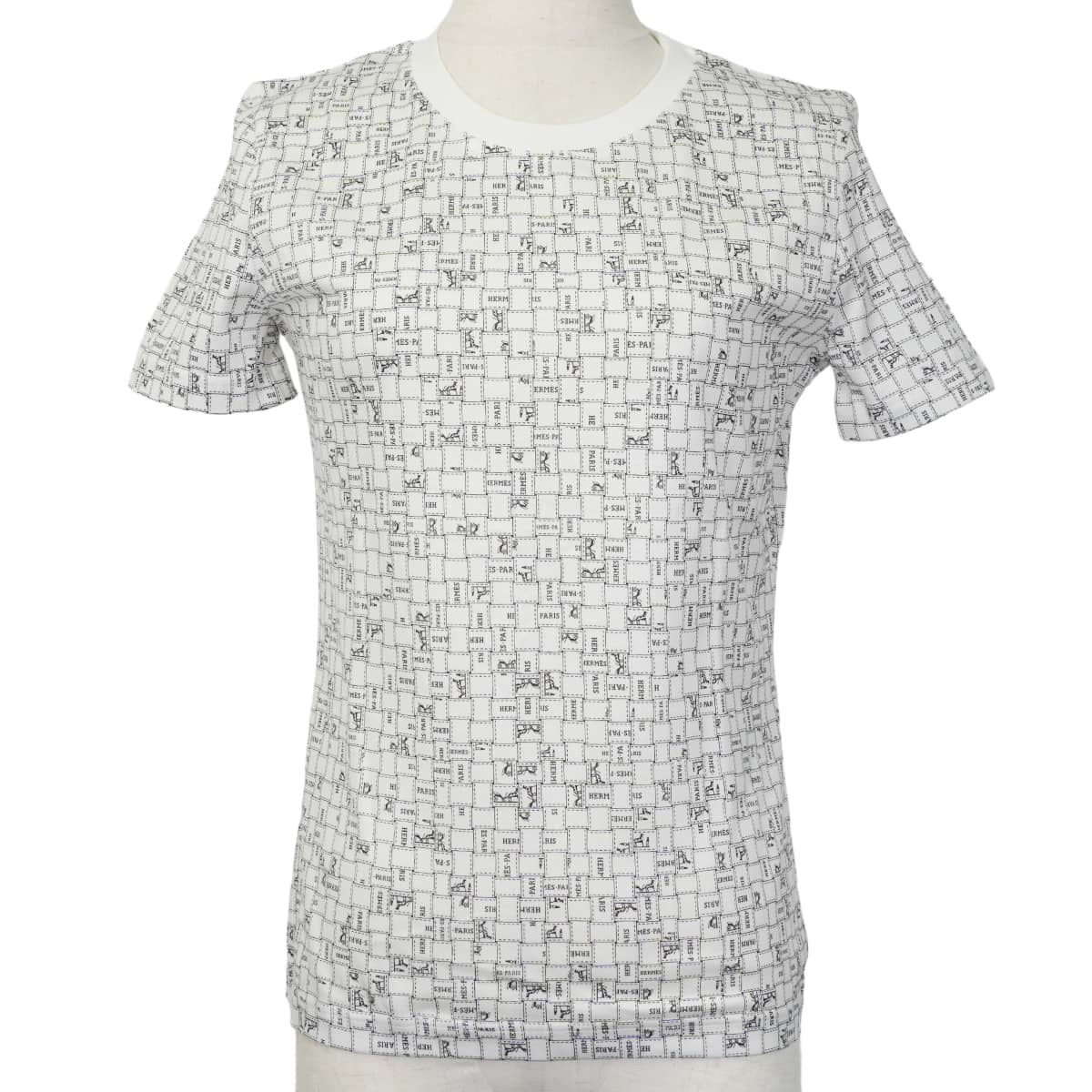 HERMES Short sleeve t shirt Bolduc check pattern. Blanc (White)/Noir (Black) Cotton100% 34[EXCELLENT][Authentic]