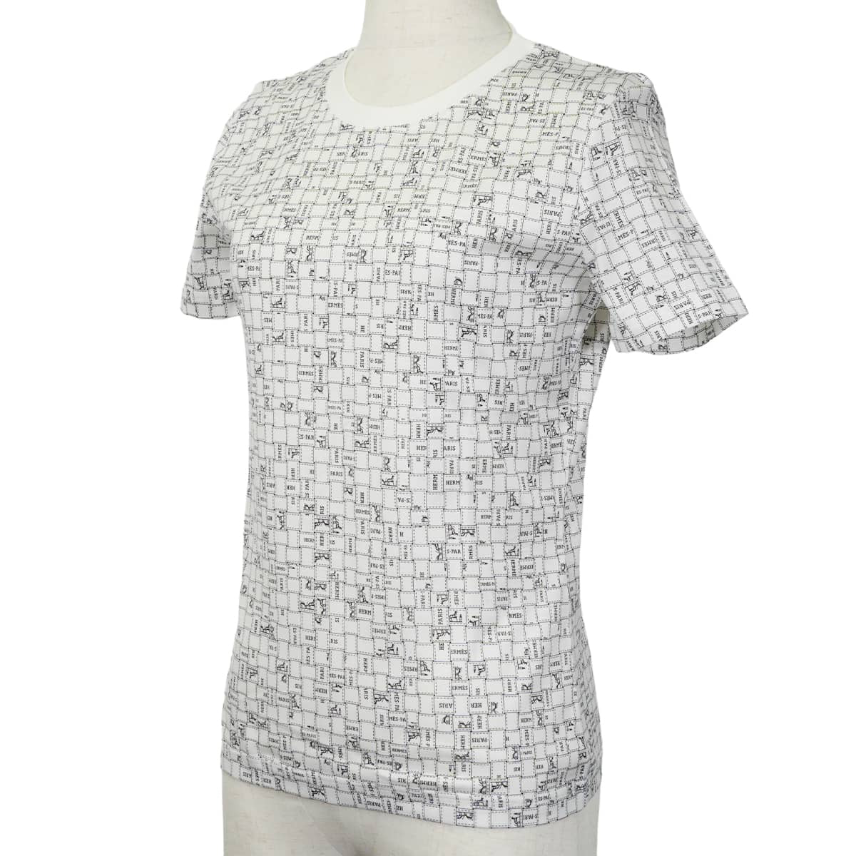 HERMES Short sleeve t shirt Bolduc check pattern. Blanc (White)/Noir (Black) Cotton100% 34[EXCELLENT][Authentic]