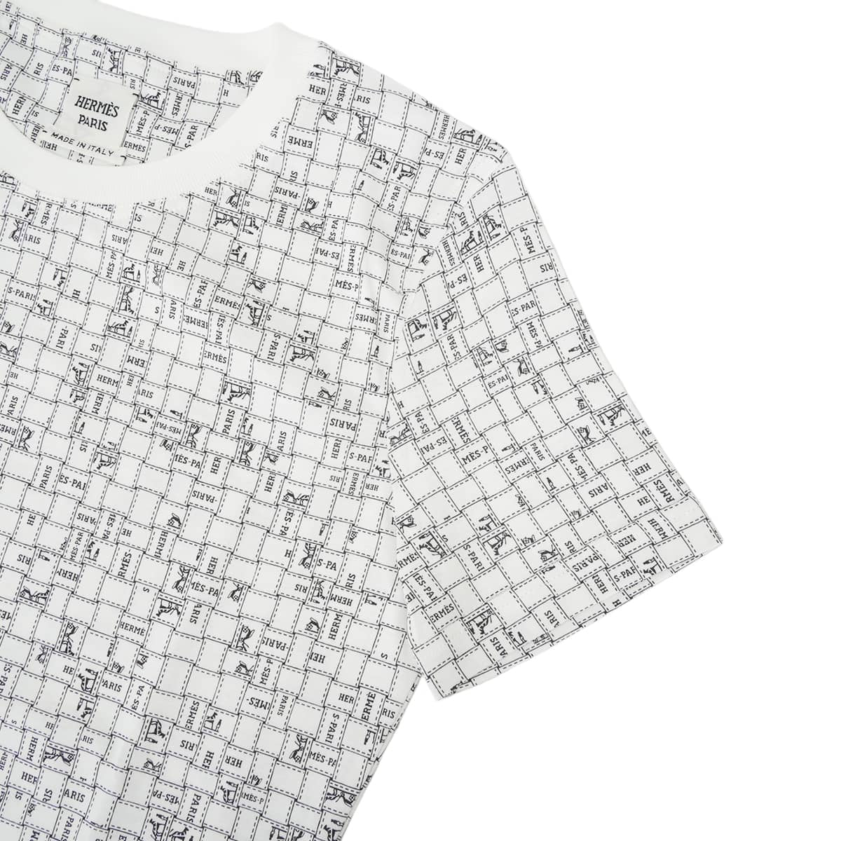 HERMES Short sleeve t shirt Bolduc check pattern. Blanc (White)/Noir (Black) Cotton100% 34[EXCELLENT][Authentic]