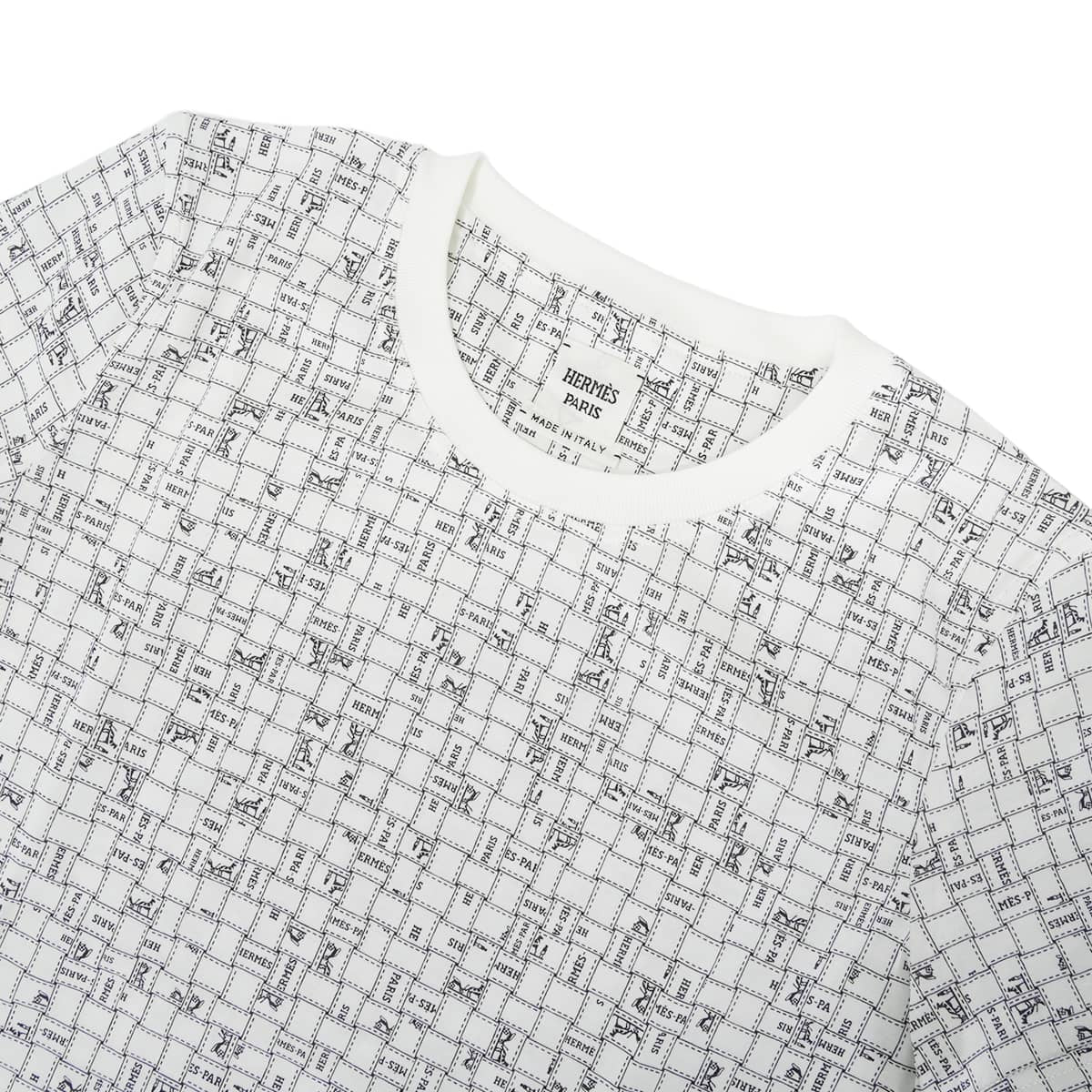 HERMES Short sleeve t shirt Bolduc check pattern. Blanc (White)/Noir (Black) Cotton100% 34[EXCELLENT][Authentic]