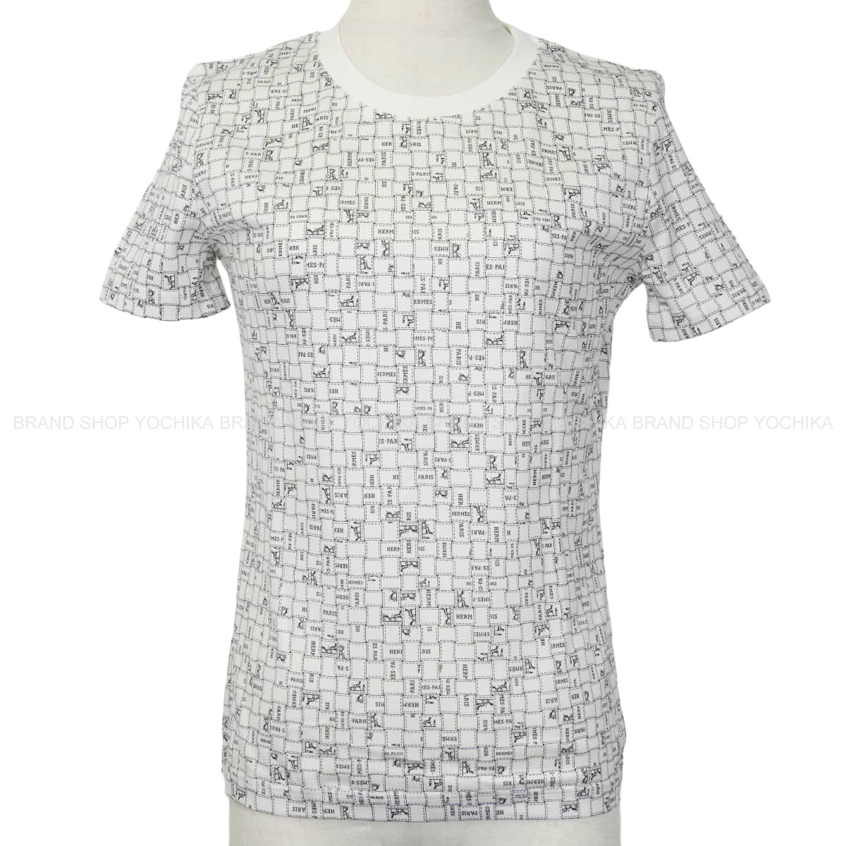 HERMES Short sleeve t shirt Bolduc check pattern. Blanc (White)/Noir (Black) Cotton100% 34[EXCELLENT][Authentic]