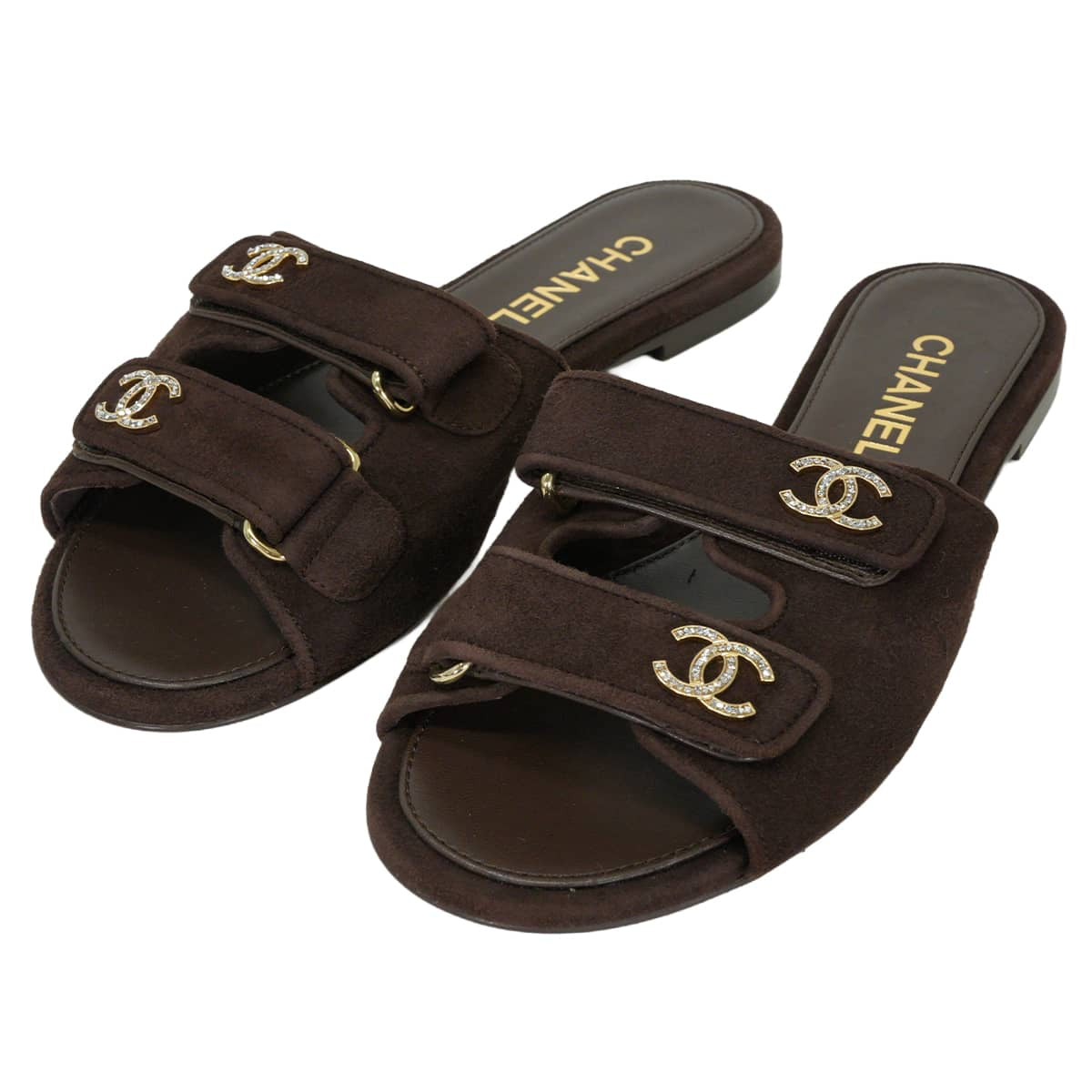 2026SS Metiers d'art collection CHANEL sandals Mules with Rhinestones COCO Mark and Double StrapsDark Burgundy suede #38C Champagne Gold HW G47043[EXCELLENT][Authentic]