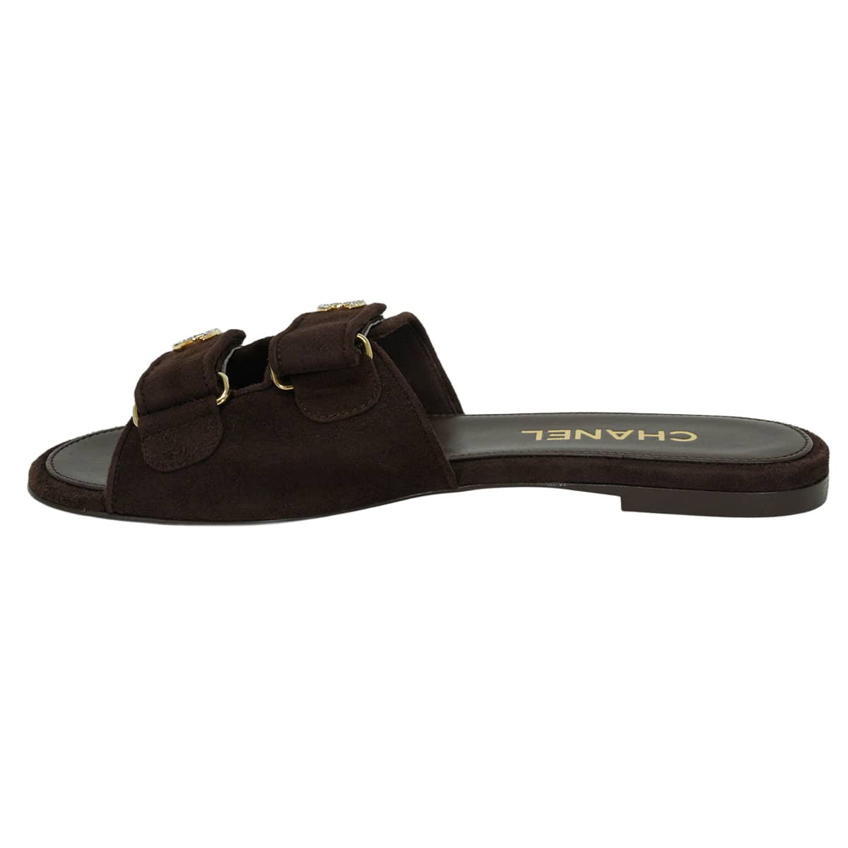 2026SS Metiers d'art collection CHANEL sandals Mules with Rhinestones COCO Mark and Double StrapsDark Burgundy suede #38C Champagne Gold HW G47043[EXCELLENT][Authentic]