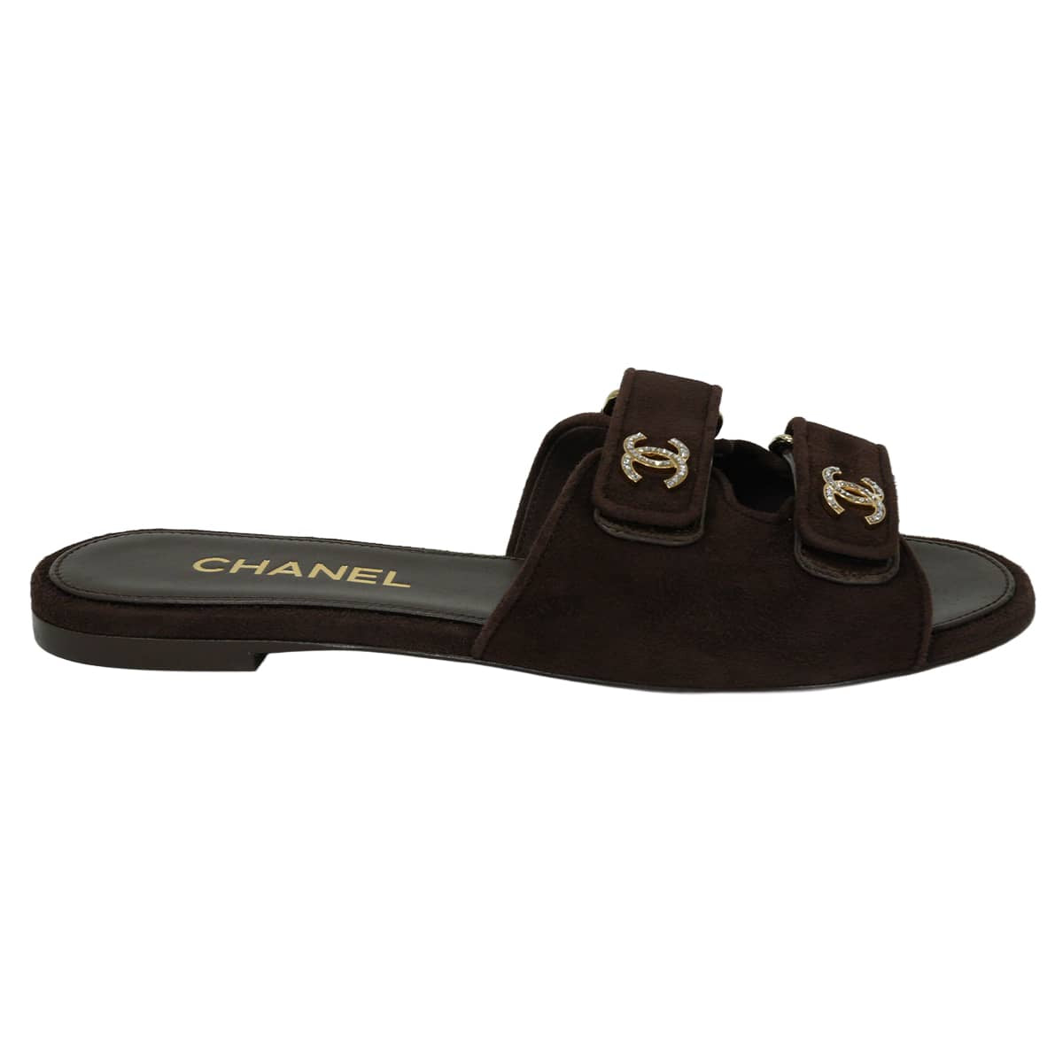 2026SS Metiers d'art collection CHANEL sandals Mules with Rhinestones COCO Mark and Double StrapsDark Burgundy suede #38C Champagne Gold HW G47043[EXCELLENT][Authentic]