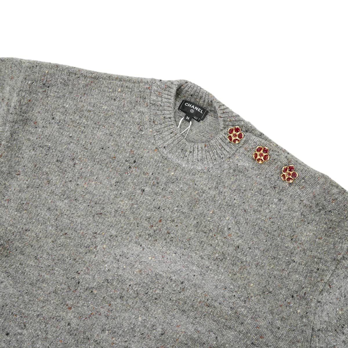 2026SS Mediatore CHANEL Tops Knit pullover shoulder bag with camellia buttons Grey Wool/Cashmere #36 P82498[BRAND NEW][Authentic]